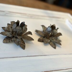 2 Vintage Metal Patina Candle Holders. Flower Shape. 3”Wx 2”T Taper | Unique
